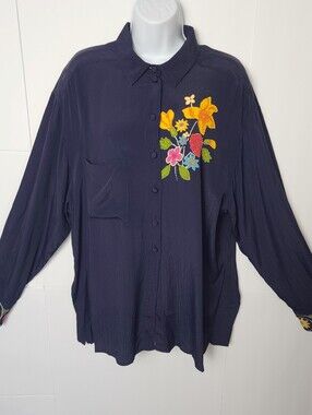 Platinum Dorothy Schoeler Floral Tunic Artsy Casual Bold Blouse L Vintage 90s